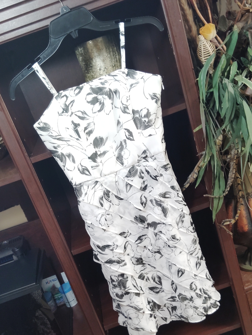 Black & White Floral Midi Dress with Spaghetti Straps